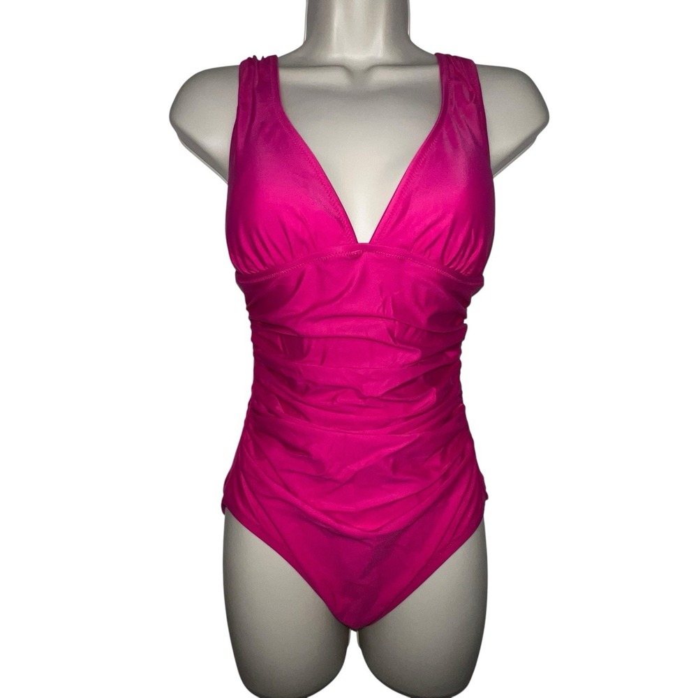 NWT J.‎ Crew Women Pink Fuchsia Ruched V-Neck One-Piece Swimsuit Size 4 Poolside